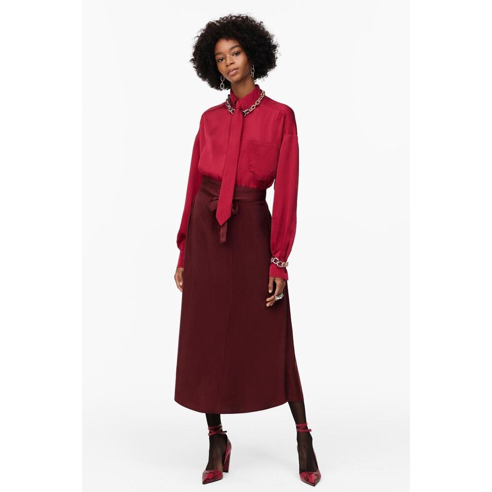 Zara NWT Burgundy Tie Neck Belted Midi Shirt Dress S M - Picture 8 of 16